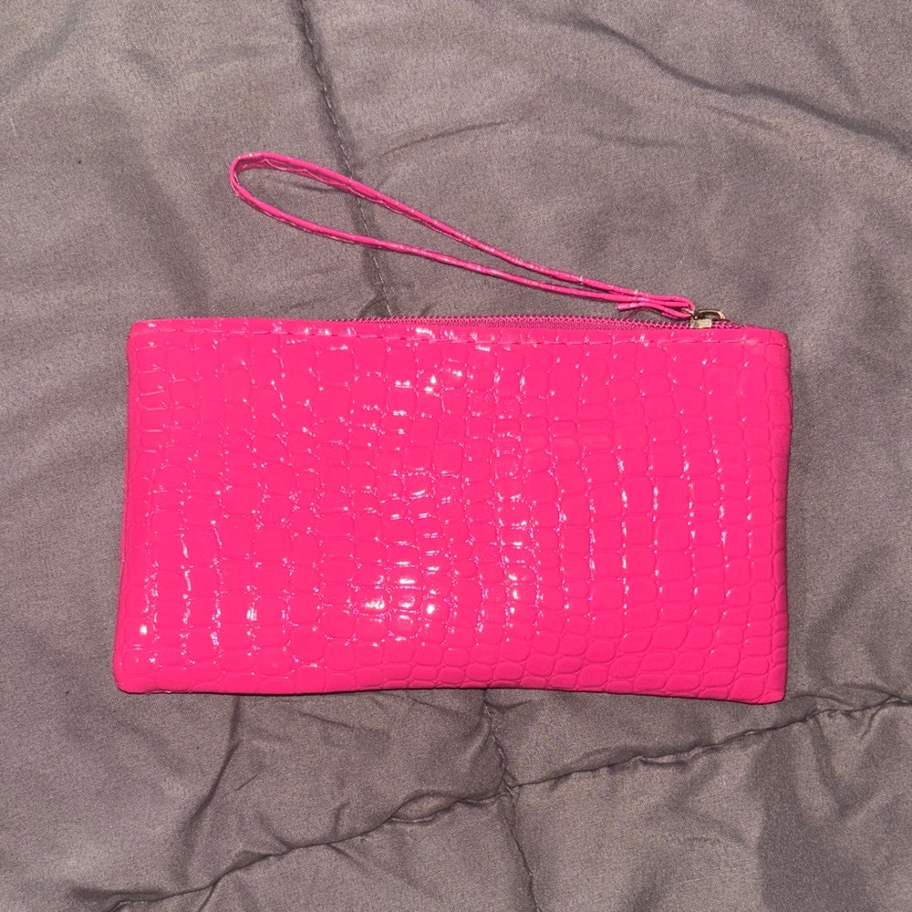 Pink Crocodile-Embossed Wristlet Clutch